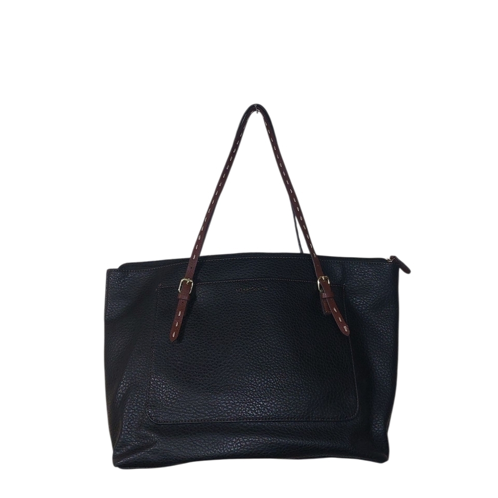 Liz Claiborne Chic Black Pebbled Tote with Brown Straps